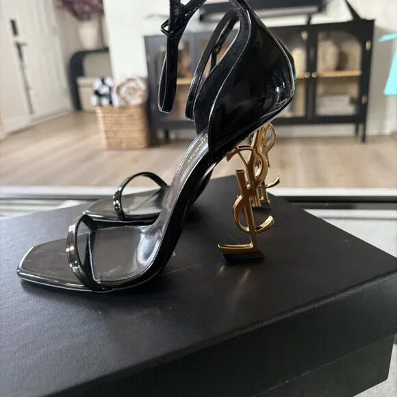 YSL Yves Saint Laurent 630109 Vernice Chiffon Nero Lucido Sandals - Picture 4 of 10